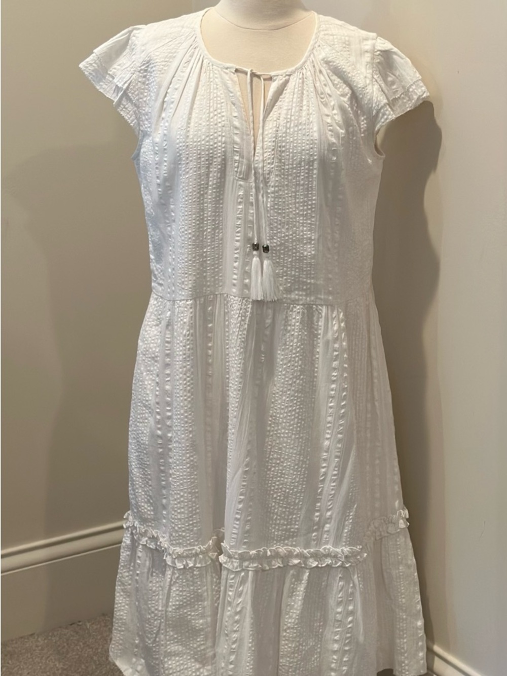 Foil White Textured Cotton Dress Size 6 | 100% Cotton Lined Boho Flutter Sleeve